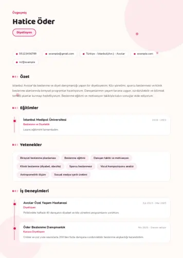Beslenme Uzmanı Diyetisyen CV Örnekleri cv indir